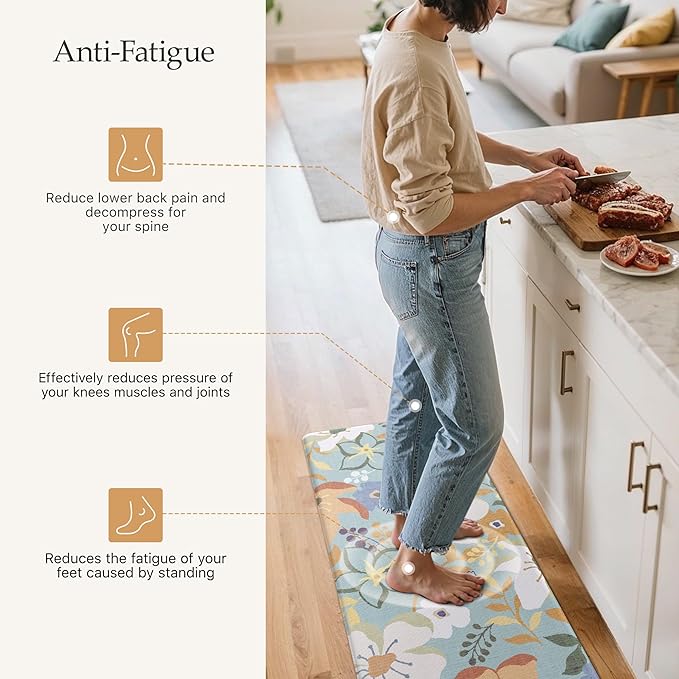 GENIMO Kitchen Mats for Floor 2PCS, Cushioned Kitchen Rugs Non Slip Washable, Farmhouse Anti Fatigue Mat Waterproof, Comfort Standing Mat Rug for Office, Home, Laundry, 17.3"x47"+17.3"x30", Aqua