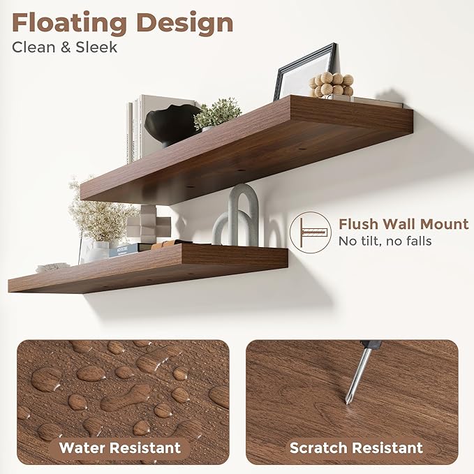Floating Shelves for Wall with Invisible Brackets, Wall Mounted Engineered Wood Shelves with Wood Grain for Living Room, Bedroom, Bathroom, Kitchen Decor and Storage, Oak, 55"L Set of 2, Walnut