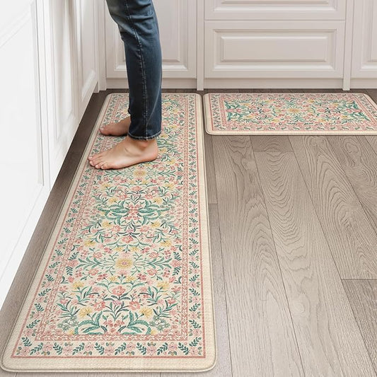 Collive Anti Fatigue Mats for Kitchen Floor, Cushioned Spring Kitchen Mat Comfort Waterproof Padded Sink Rugs Non Slip, Boho Floral Standing Rug for Office, Home Decor, 17"x30"+17"x59", Pink