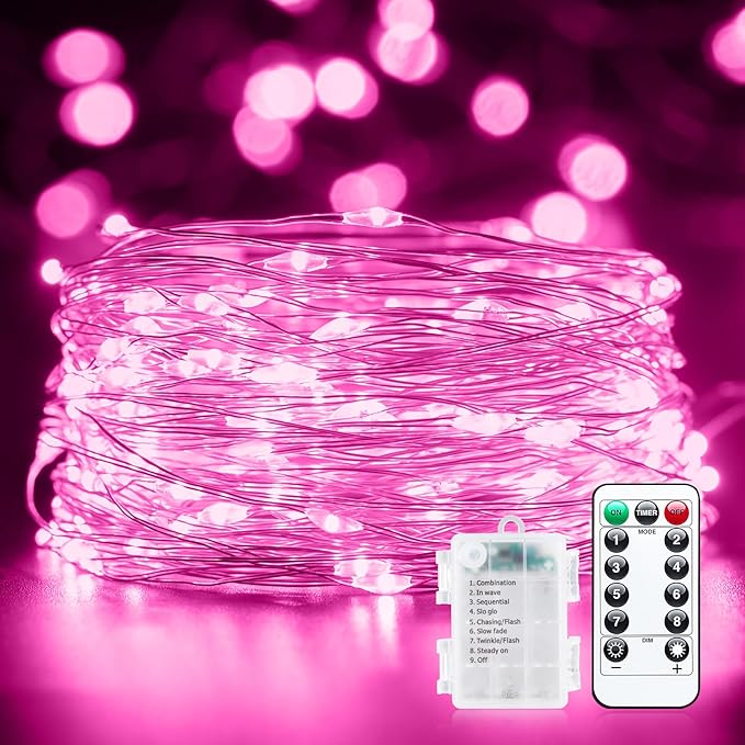 33Ft 100 LED Outdoor String Lights, Pink Fairy Lights Battery Operated with Remote, Waterproof Twinkle Lights for Bedroom Dorm Patio Tapestry Backyard Garden Party Indoor Valentine's Day Decoration