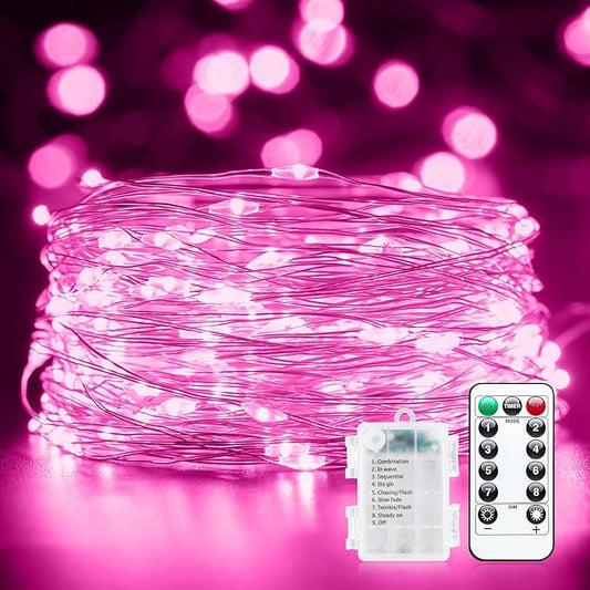 33Ft 100 LED Outdoor String Lights, Pink Fairy Lights Battery Operated with Remote, Waterproof Twinkle Lights for Bedroom Dorm Patio Tapestry Backyard Garden Party Indoor Valentine's Day Decoration