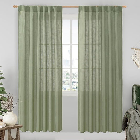 LAMIT Sage Green 80 inch Linen Curtains for Living Room 2 Panels, Linen Textured Light Filtering Semi Sheer Back Tab and Rod Pocket Window Curtain Panels for Bedroom/Farmhouse, 52 x 80 Inch