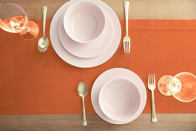 Solino Home Cotton Linen Table Runner 48 Inches - Pumpkin Hemstitch Table Runner 14 x 48 Inch Ideal for Dresser and Coffee Tables - Fall, Autumn, Halloween, Thanksgiving, Holiday