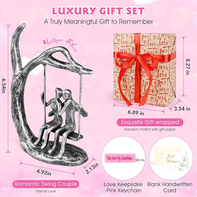 Anniversary Wedding Gifts for Couple/Her - Romantic Couple Statue in Love, Antique Silver Metal Figurine Sweet Loving Together Iron Sculpture Decor, Birthday Gifts for Wife Husband