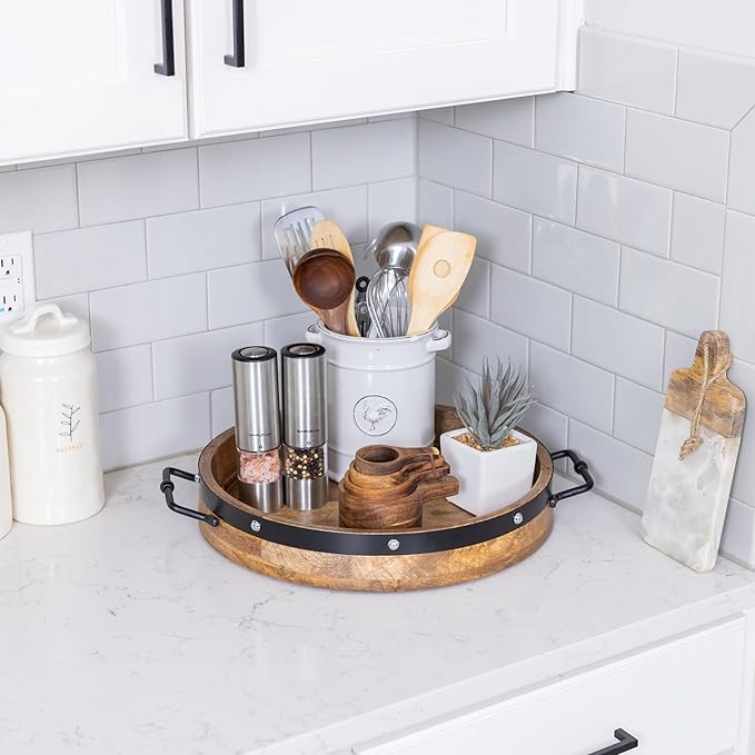 16" Large Round Ottoman Tray, Heavy Duty Mango Wood, for Serving Tea, Breakfast in Bed, Living Room Large Coffee Table Tray Rustic with Farmhouse Style, Decorative Handles and Accent Strap