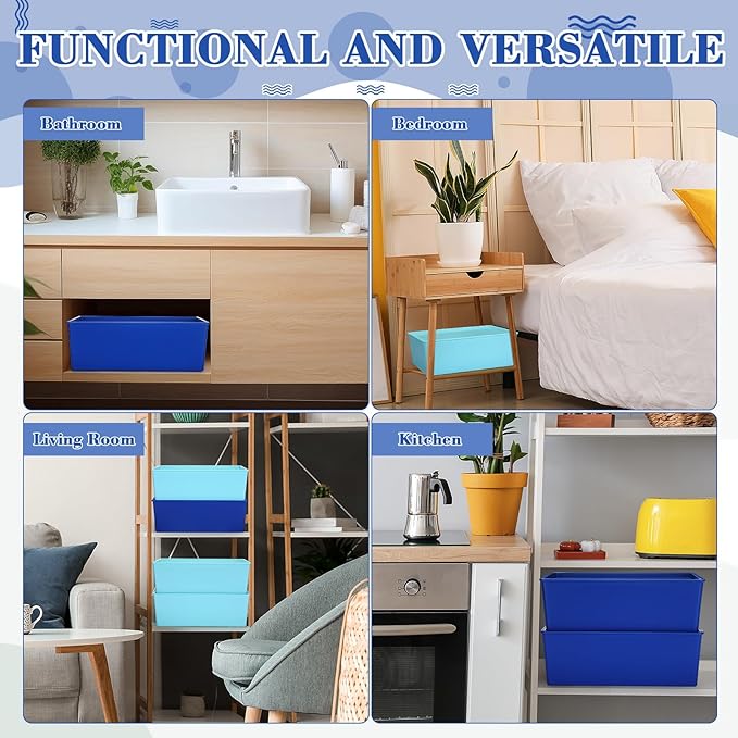 Menkxi 4 Pcs Storage Bins with Lids Plastic Containers Stackable Storage Box Baskets for Organizing Shelves(Dark Blue, Light Blue,Large)