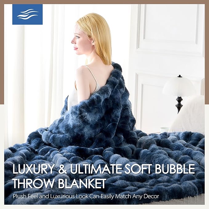 Luxury 1000GSM Faux Rabbit Fur Throw Blanket, Super Heavy Warm Cozy Blankets for Couch Bed Sofa, Bubble Plush Fuzzy Elegant Soft Reversible Mink Blanket for Living Room Bedroom, Tie-dye Blue
