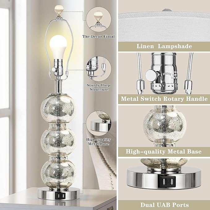 Set of 2 Table Lamps for Living Room Glass Triple-Sphere 27" Tall Table Lamp Contemporary Bedside Desk Nightstand Lamp for Bedroom Living Room Office, Mercury Silver/Chrome