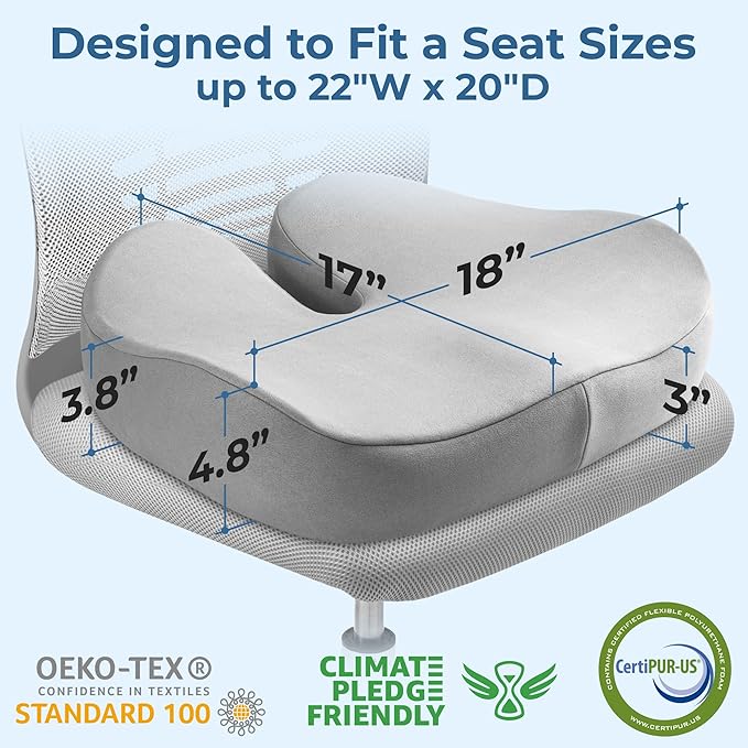 5 STARS UNITED Seat Cushion for Tailbone Pain Relief – Large Memory Foam Cushion for Coccyx, Hip, Sciatica & Post-Surgery Recovery – Wheelchair, Car, Desk, Gaming & Office Chairs, Light Gray