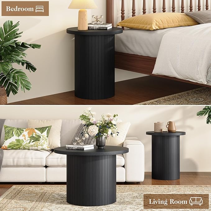 Nesting Coffee Table Set of 2, Mid Century Modern Round Coffee Table, Wood Slat Side Table Set for Living Room, Office, Balcony, Textured Black