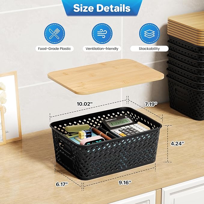 8 Packs Plastic Storage Bins with Bamboo Lids - Stackable Storage Bins Decorative Small Basket Containers for Organizing Shelves Office Classroom Desktop Closet, Black