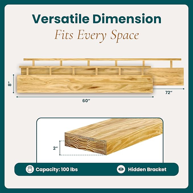 60'' Pine Wood Floating Shelf for Wall - Rustic Wall Mounted Wooden Shelf for Stylish Home Décor, Fireplace Mantel 60inch (Natural, 60x8x2) - 1pcs