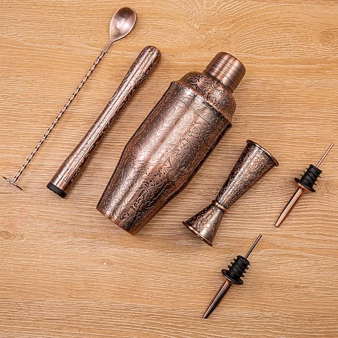 SKY FISH 3D Etching Cocktail Shaker Set Bartender Kit with Cocktail Shaker,Jigger, Muddler, Bar Spoon, Bar Accessory Tools, Reindeer Deer Head Pattern, Stainless Steel, Copper Plated