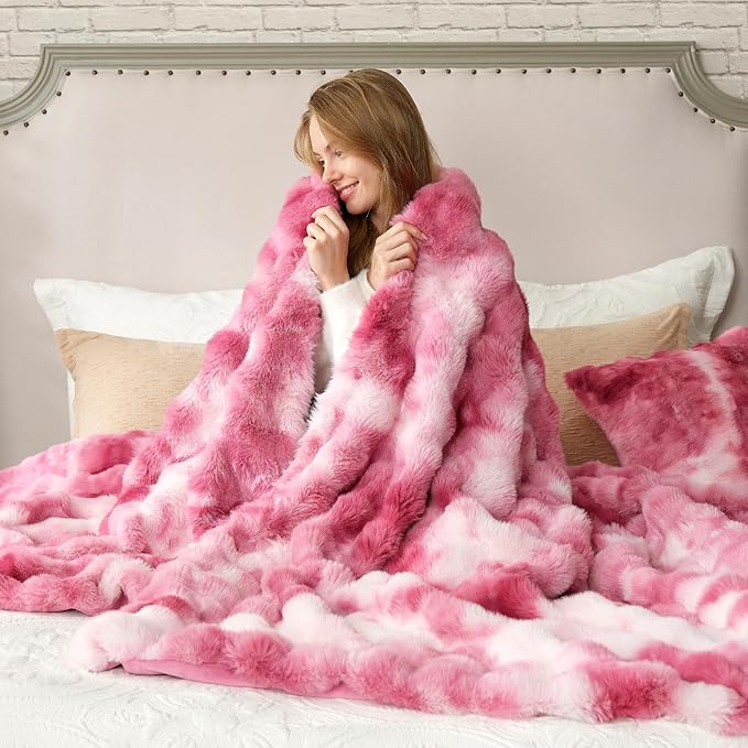 Cozy Bliss Faux Fur Throw Blanket for Couch, Bubble Plush Blanket King Size, Fuzzy Soft & Thick Blanket for Bed Sofa Living Room, 108x90 Inches Tie-dye Pink