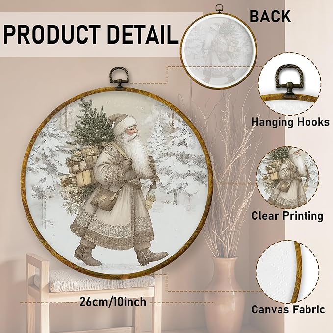 QZQE Vintage Christmas Santa Round Wall Art Decor Framed, Antique Christmas Circle Canvas Prints, Rustic Winter Neutral Xmas Santa Circular Wall Hanging Decor for Home Bedroom Living Room, 10x10 Inch