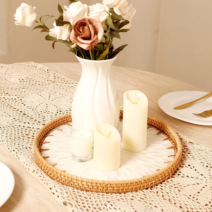 Round Rattan Tray with Mother of Pearl Inlay & Wooden Base - Decorative Wicker Serving Tray for Coffee/Bread/Fruits, Food Storage & Display - Multipurpose Home Decor (L,White Leaves)