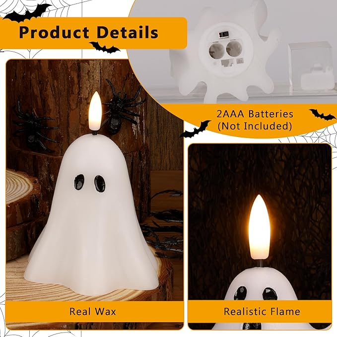 Halloween Flameless Candles with Remote, Real Wax Ghost LED Candles, Flickering Battery Operated Fake Candle, Halloween Decorations for Table,Fireplace, Home, Party, Festival Decor (Set of 3)