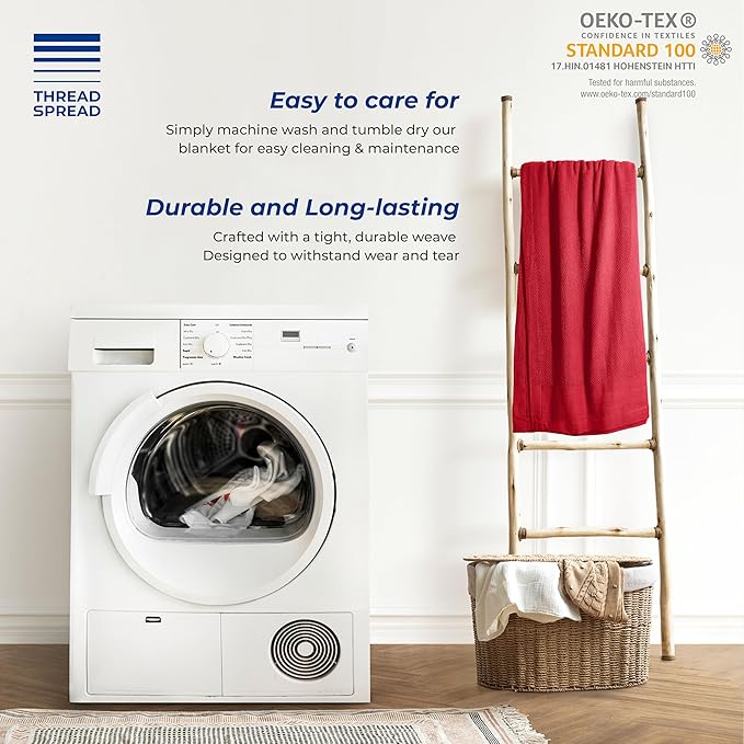 THREAD SPREAD Organic GOTS Cotton Blanket, King/Cal King - 350GSM, Oversized Antistatic, Fuzzy Soft, Sofa, Camping & Travel, Luxurious Herringbone All-Season Throw, Red + Free Chic Tote Bag