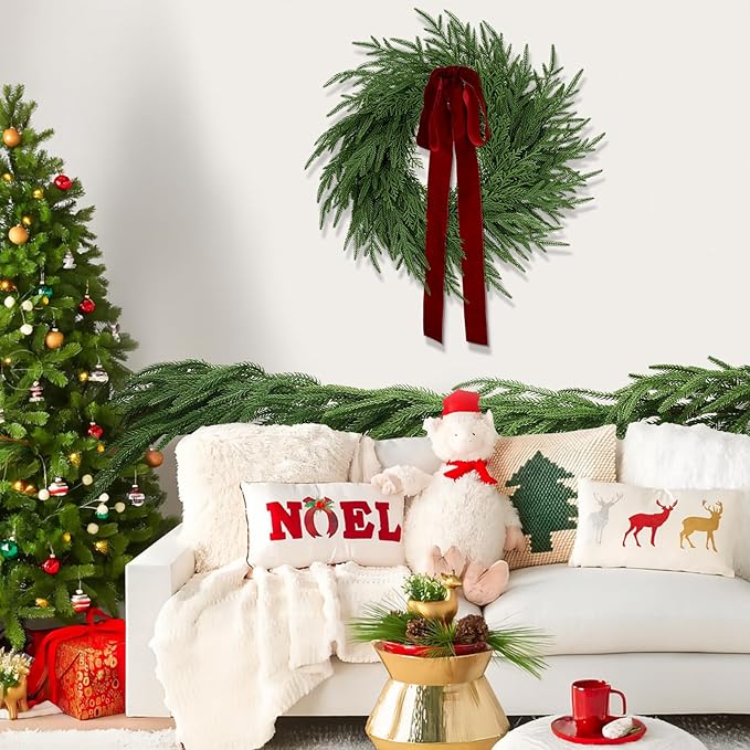 Faux Norfolk Pine Christmas Garland – Real Touch Greenery Artificial Cedar Christmas Garland for Fireplace Mantel, Staircase, Door Frame, Holiday Indoor Winter Décor (9FT-2Pack)
