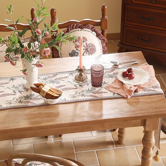ISAENNE Designer Light Beige Linen Table Runner 87 Inches Long,Vintage Floral Wrinkle Resistant Decor Table Runners for Dining Tables,Christmas,Thanksgiving,Kitchen Tables,12"*87"-Helena A