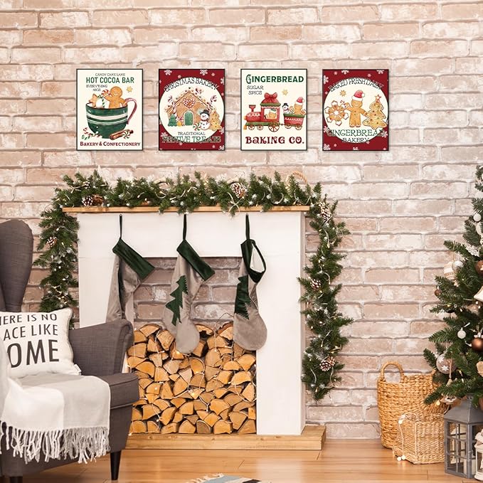 ETVISO Gingerbread Christmas Decorations, Gingerbread Christmas Wall Art Prints Set of 4, Winter Holiday Baking Lover Gifts Home Decor, Xmas Bakery Hot Cocoa Porch Wall Decor, 8x10 (Unframed)