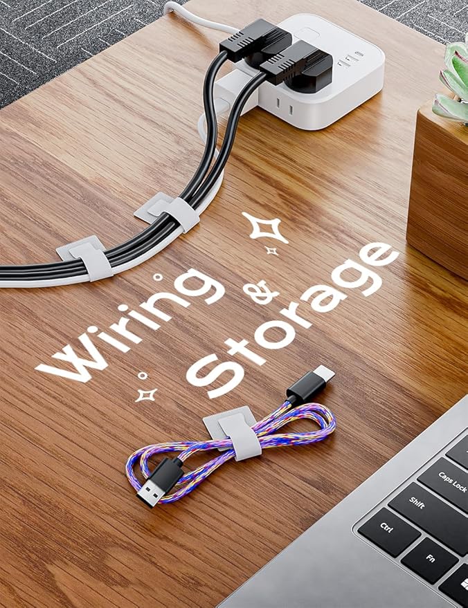 Adhesive Wire Management, 100pcs Hook and Loop Cable Ties, Adjustable Cable Straps, Sticky-Back Cord Organizer for Kitchen Appliances, Office, Home - White