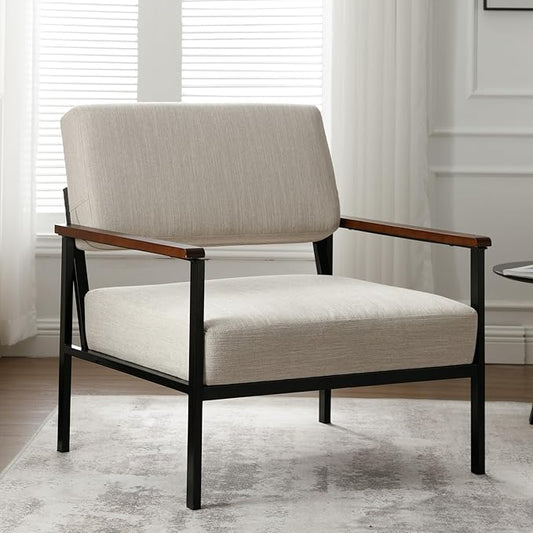 Mid Century Modern Accent Chair Arm Chairs, Comfy Armchair Linen Upholstered with Black Metal, Beige