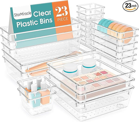 23 PCS Drawer Organizer Set, 5 Varied Size Bathroom and kitchen Drawer cabinet organizer Trays, Clear Storage Bins for Makeup, Jewelry, Utensils and Gadgets