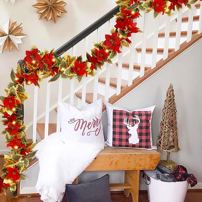 Glintoper 2 Pack Christmas Poinsettia Garland, 9 FT Lighted Artificial Garlands with Red Flowers, Battery Operated with Timer Poinsettia String Lights, Light up for Xmas New Year Holiday Home Decor