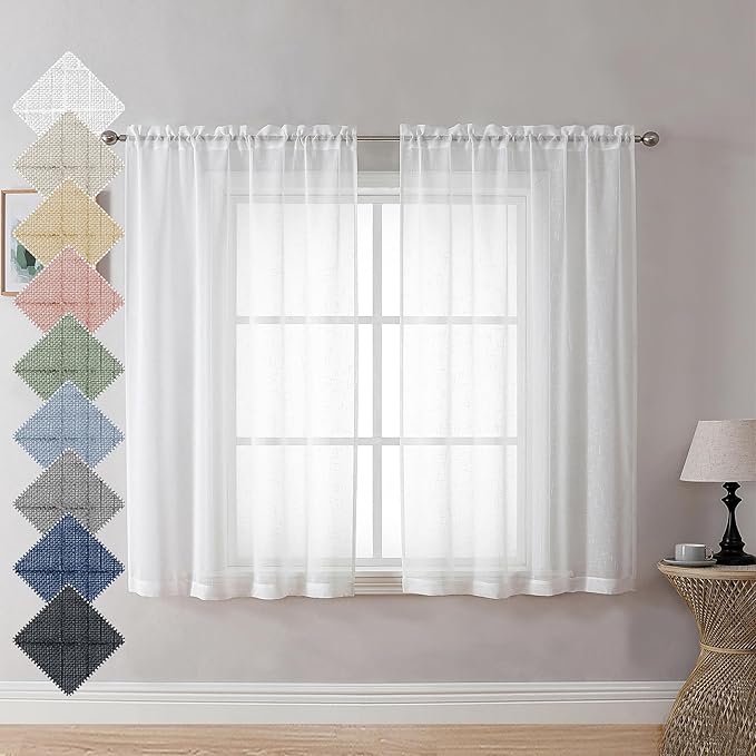 Aiyufeng White Sheer Curtains 54 Inch Length 2 Panel Set, Fresh Farmhouse 54 Inch Long Sheer Linen Look Airy & Lightweight Elegant Window Treatments for Bedroom/Living Room/Kitchen, 30Wx45L inch