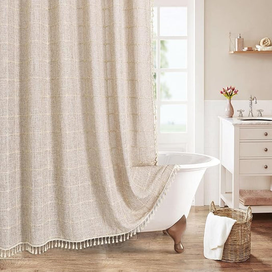 MitoVilla Grey Shower Curtain Set 72 x 78, Boho Farmhouse 78 inch Long Polyester Linen Tassel Ultra Thick Heavy Duty Fabric Shower Curtains for Chic Cottagecore French Rustic Bathroom Decor