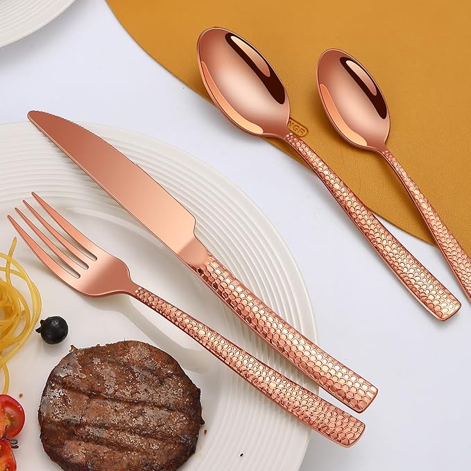 40-Piece Silverware Set, Rose Gold Hammered Stainless Steel Flatware Sets for 8, Food-Grade Tableware Set, Including Fork Knife Spoon Set, Home Kitchen Cutlery Sets, Dishwasher Safe