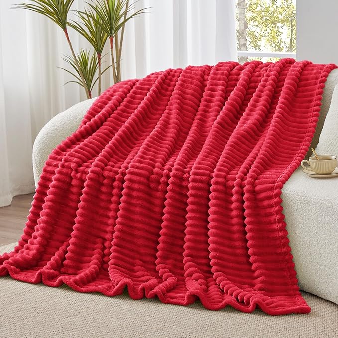 BEDELITE Fleece Throw Blanket for Couch, 300GSM Soft & Warm Fluffy Queen Blanket, Decorative and Giftable Striped Red Blankets for Women, Men, 50"x60"