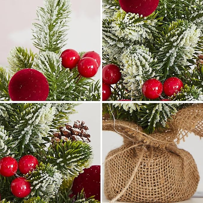 Burlap Small Christmas Tree Decor with Lights - Mini Tabletop Artificial Tree Centerpiece for Indoor Home Office Desk Holiday Decorations(Red Ornament)