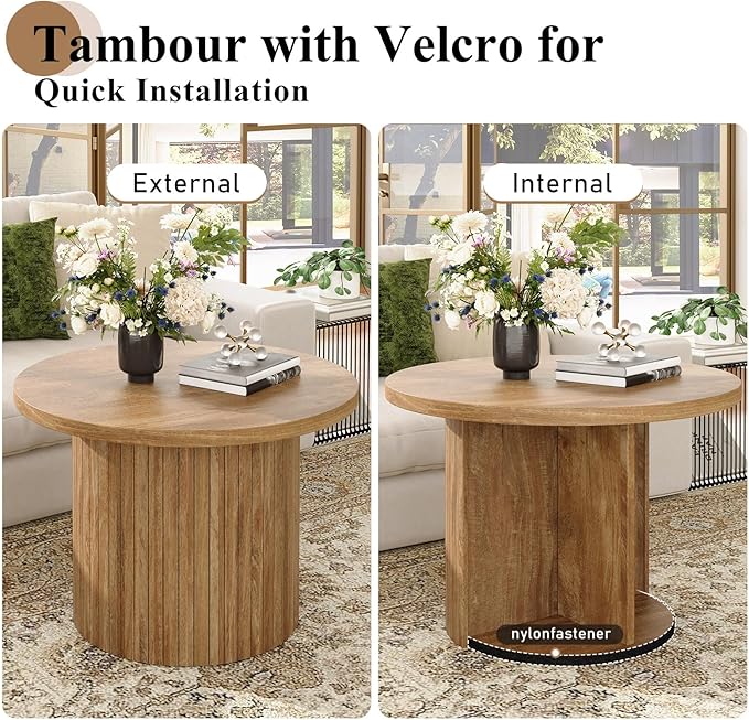 Nesting Coffee Table Set of 2, Mid Century Modern Round Coffee Table, Wood Slat Side Table Set for Living Room, Office, Balcony (Natural Oak)