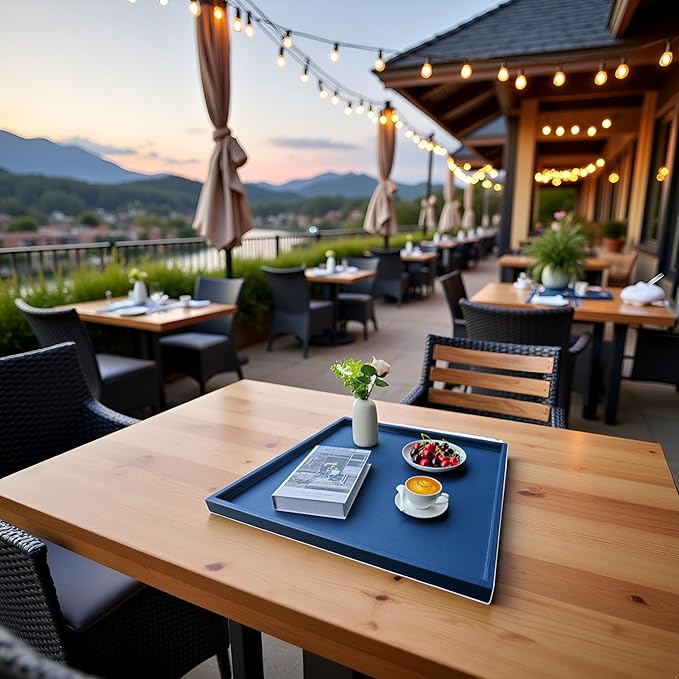 25 * 25 Inch Rectangular Ottoman Tray | Textured PU Leather, Waterproof & Heat-Resistant Storage for Coffee/Dining Tables, Sofa, Bed, Entertainment & Party (Navy Blue, 25 * 25in)