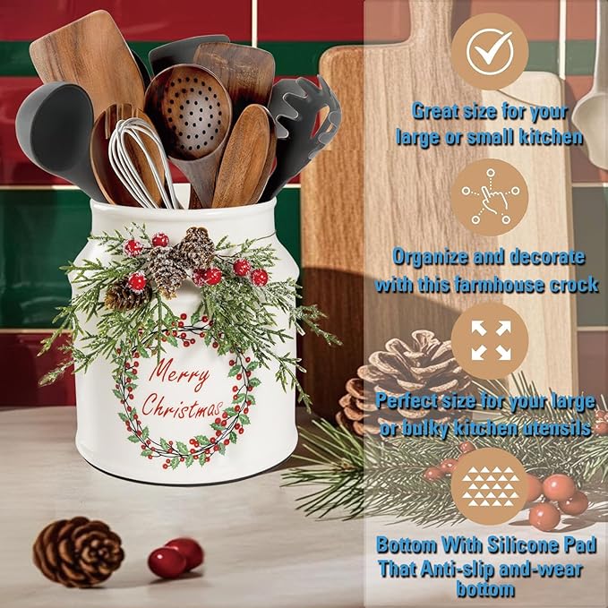 Christmas Utensil Holder, Cute Christmas Wreath Utensils Holder for Christmas Kitchen Decor, Xmas Vintage Rustic Ceramic Utensils Crock With Pinecone Accents for Indoor Kitchen Decorations