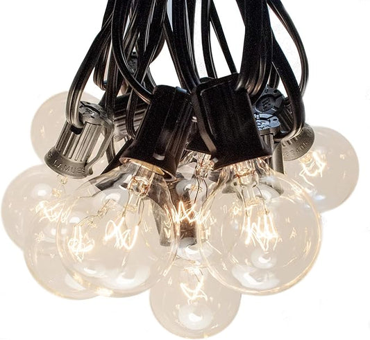 10’ G40 Globe String Lights with Clear Bulbs and Black Wire for Patio, Awning, Canopy, Porch, and Balcony Lighting