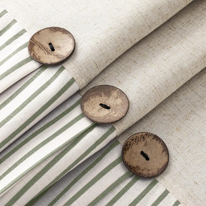 Awellife Farmhouse Sage Green Shower Curtain Button Linen Textured Woven Fabric,Pleated Sage Green Stripe,Country Style,72x72 Inch