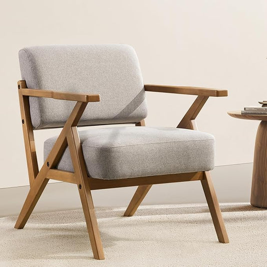 Mid Century Modern Chair Grey Accent Chair Upholstered Armchair with Solid Wood Frame Comfy Reading Nook Chair Lounge Chairs for Living Room Bedroom, Linen