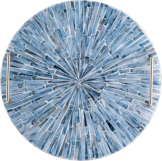 PEMAR Mother of Pearl Decorative Tray, 13" Round Versatile Display and Serving Tray with Gold Handles, Vanity/Perfume/Trinket Catchall for Dresser, Bathroom, Vanity Table (Blue Starburst)