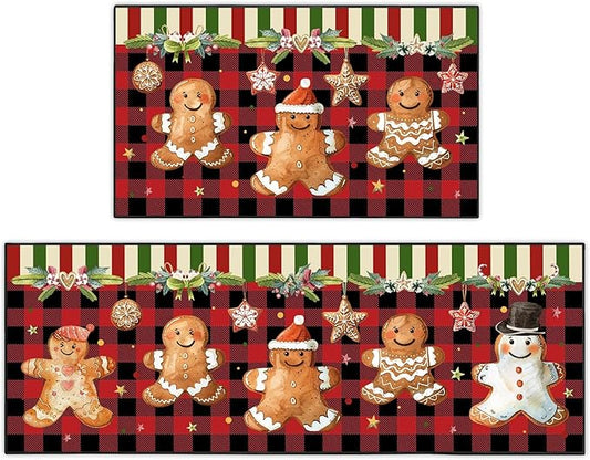 Christmas Kitchen Rugs Non-Slip Holiday Floor Mats 2 Piece Set Gingerbread Man Vintage Decor Soft Absorbent Mats for Front of Sink 17x30 and 17x47 Inches