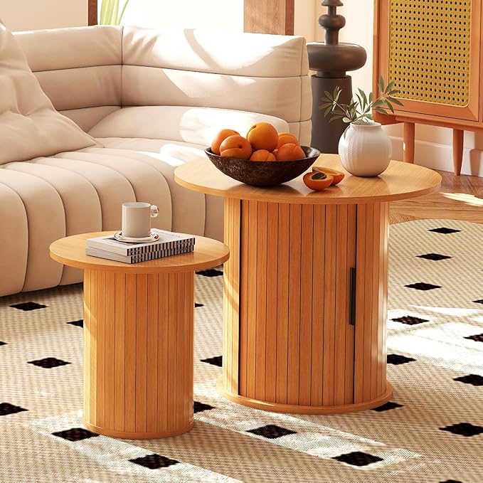 Round Wood Coffee Table 23.6IN with Hidden Storage & Sliding Door, Circle Farmhouse Side Table Sets for Living Room, Bedroom, Balcony, Small Spaces, Natural