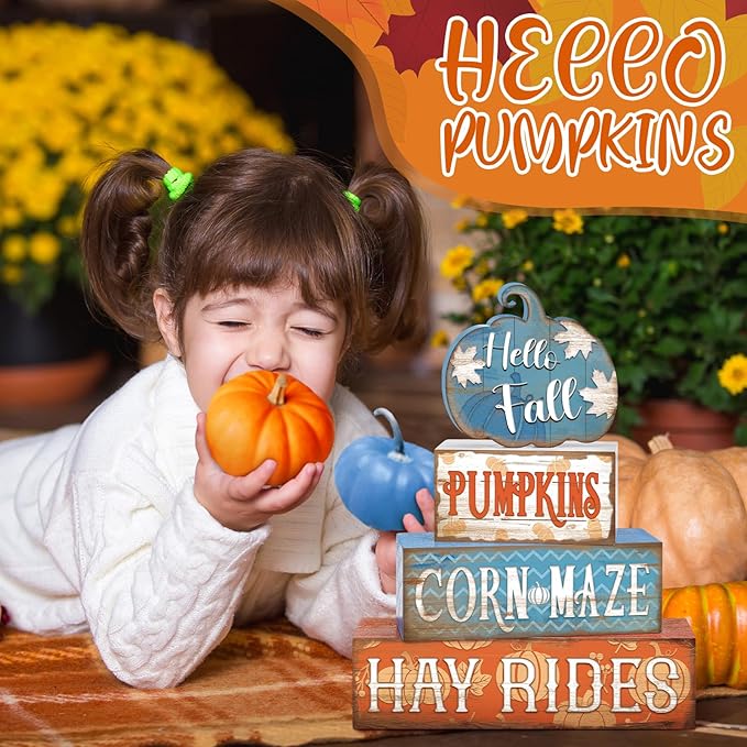 4 Pcs Fall Decor for Home Blue Pumpkin Wooden Signs with Blessed Autumn Tiered Tray Decor Hello Fall Tabletop Centerpiece Maple Leaf Block Signs for Thanksgiving Office Kitchen Shelf