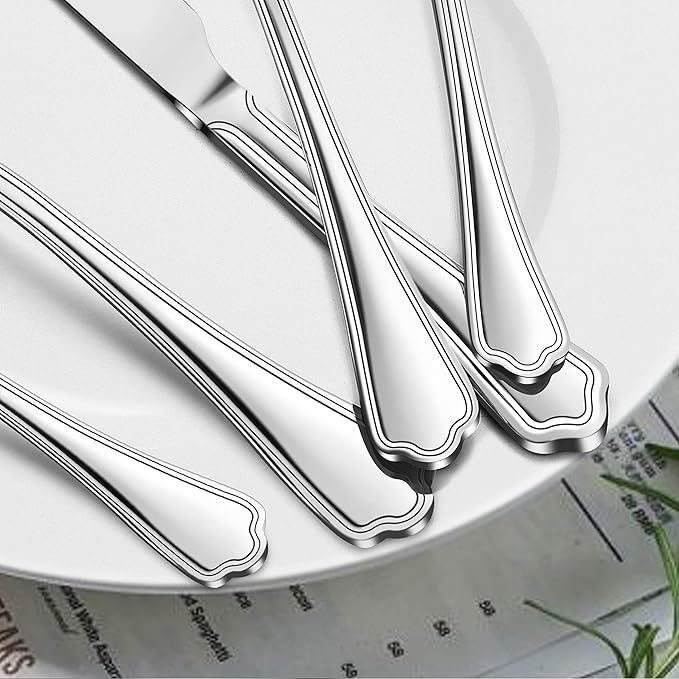 LIANYU 77-Piece Silverware Flatware Set for 12, Plus Steak Knives and Serving Utensils, Stainless Steel Flatware Cutlery Set, Eating Utensils Tableware with Scalloped Edge, Dishwasher Safe