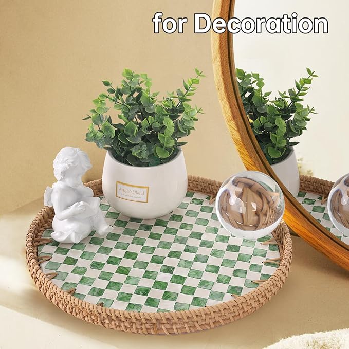 Round Rattan Tray with Mother of Pearl Inlay, Rattan Serving Tray for Coffee, Bread, Fruits, Decorative Wicker Tray for Table Decor, Home Decor, Kitchen Island Decor(Green Checkerboard, 11.8")