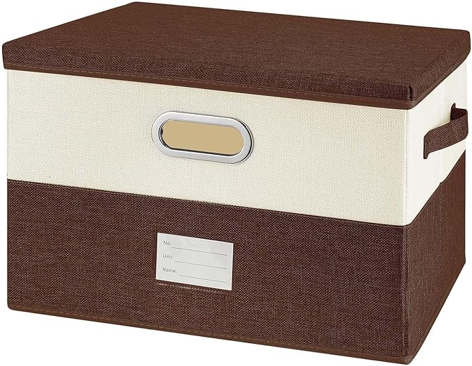 Large Linen Fabric Foldable Storage Bins with Removable Lid and Handles, Washable Storage Box Organizer Containers Baskets Cube with Cover for Bedroom,Closet,Office(Coffee&Cream, Large)