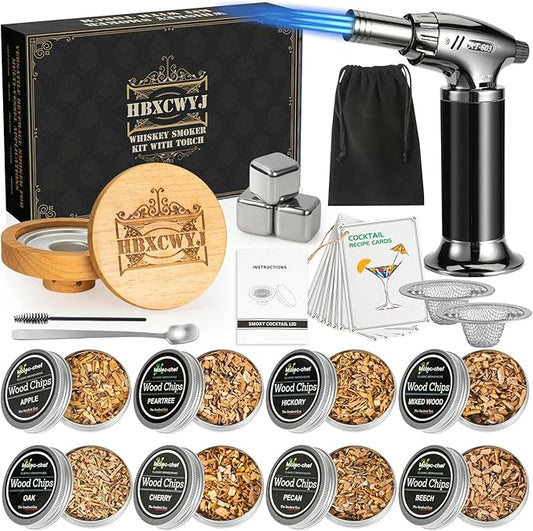Gifts for Men Dad Husband， Cocktail Smoker Kit，Whiskey Smoker Kit with Torch (no Butane)， 8 Flavors Wood Chips ，3 Ice Marble，Cocktail Cards