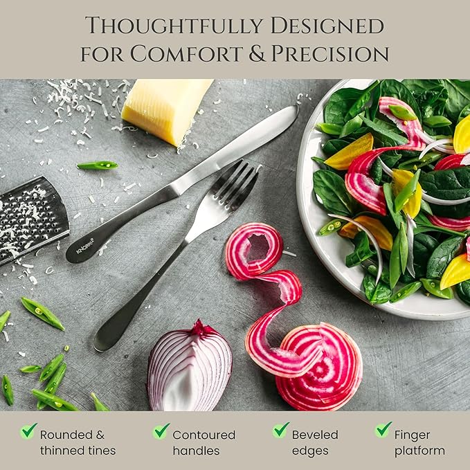 Knork Silverware Set - 20 Piece Matte Silver Cutlery set - Ergonomic Design Utensil sets, 18/10 Stainless Steel Forks Spoons and Knives set