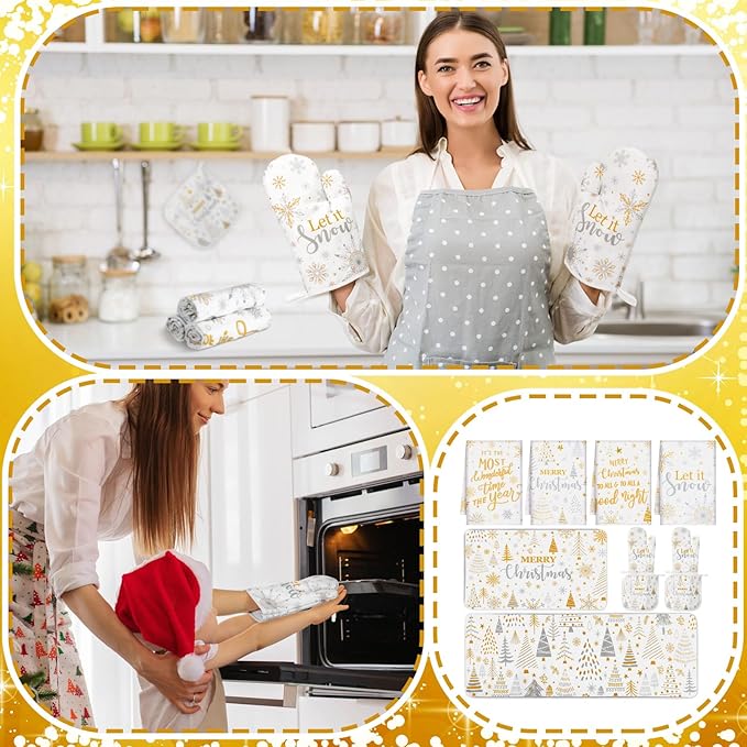10 Pcs Christmas Kitchen Decor Set Kitchen Towels and Rugs Oven Mitts Pot Holders Absorbent Towels for Baking Cooking BBQ Gifts Home Decor(White and Gold,Understated)